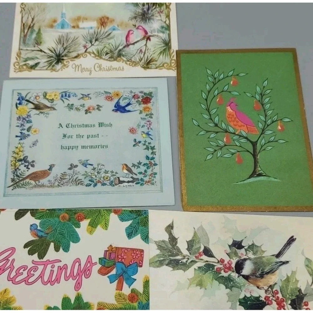 5 Old Vtg‎ Used Christmas Card Fronts Craft Birbs Birds Chickadee Partrige Robin